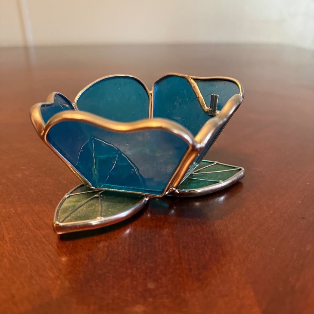Vintage Stained Glass Flower Votive Candle Holder Teal Blue Silver Tone Petals